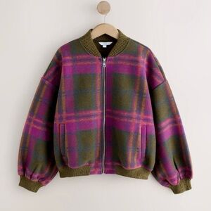 NWT PLUS size Olive Green/Pink Plaid Brushed Bomber Jacket